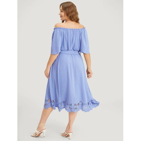 NWT BloomChic Blue Laser Cut Pocket Belted Frill Trim Off Shoulder Dress 12/L - Picture 5 of 12